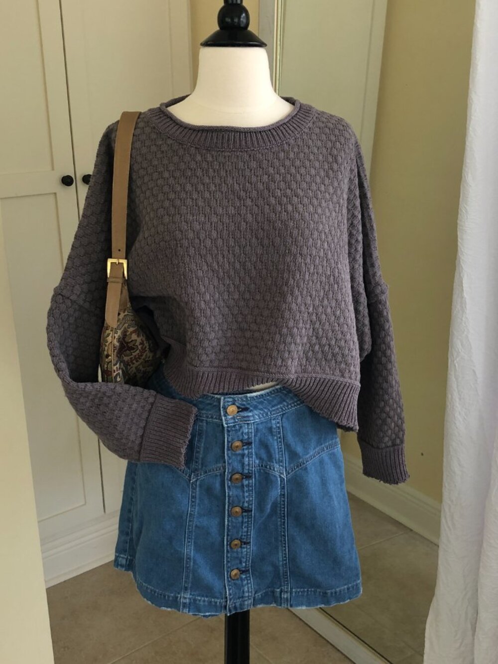 Boxy Oversized Gray Knit Sweater Drop Shoulder Raw Ribbed Cuffs & Hem Large